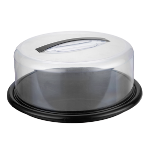 PORTA BOLO ACRILICO REDONDA C/ BASE PRETA TAMPA TRANSPARENTE