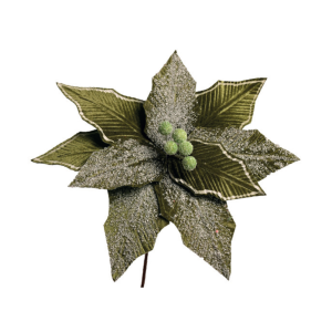 FLOR BICO DE PAPAGAIO NATAL VERDE VELUDO PETALAS NEVADA 35CM